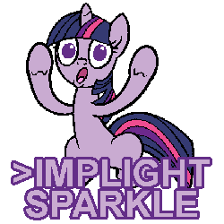 Size: 425x425 | Tagged: safe, artist:derkrazykraut, artist:krupam, edit, twilight sparkle, pony, g4, air quotes, animated, female, implying, implyra, recolor, simple background, solo, text, transparent background
