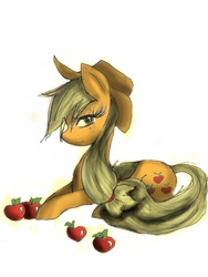 Size: 600x800 | Tagged: safe, artist:chappy, applejack, earth pony, pony, g4, apple, female, looking at you, prone, simple background, smiling, solo, white background