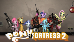 Size: 1920x1080 | Tagged: safe, applejack, fluttershy, pinkie pie, rainbow dash, rarity, twilight sparkle, g4, demoman, demoman (tf2), heavy (tf2), soldier, soldier (tf2), source filmmaker, team fortress 2, weapon