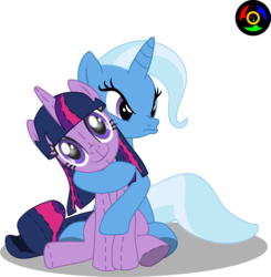 Size: 2276x2321 | Tagged: safe, artist:kyoshyu, trixie, twilight sparkle, pony, unicorn, g4, doll, female, lesbian, mare, pouting, ship:twixie, shipping, simple background, transparent background, twidoll, vector