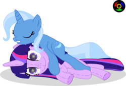 Size: 6081x4190 | Tagged: safe, artist:kyoshyu, trixie, twilight sparkle, g4, absurd resolution, doll, female, lesbian, ship:twixie, shipping, simple background, sleeping, transparent background, twidoll, vector