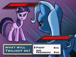 Size: 1024x768 | Tagged: safe, artist:gromektwist, trixie, twilight sparkle, pony, unicorn, g4, butt, duo, female, mare, plot, pokemon battle