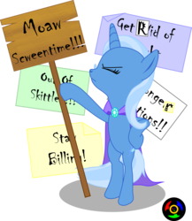 Size: 2443x2813 | Tagged: safe, artist:kyoshyu, trixie, pony, g4, bipedal, picketing, sign, simple background, transparent background