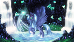 Size: 1200x684 | Tagged: safe, artist:macalaniaa, princess luna, pony, g4, female, flower, magic, raised hoof, scenery, solo, waterfall