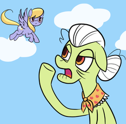 Size: 610x600 | Tagged: safe, artist:reuniclus, cloud kicker, granny smith, earth pony, pegasus, pony, g4, cloud, cloudy, duo, floppy ears, flying, frown, glare, male, old man yells at cloud, old mare yells at cloud, open mouth, sad, simpsons did it, spread wings, the simpsons, yelling