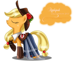 Size: 1304x1053 | Tagged: safe, artist:tiffanymarsou, applejack, earth pony, pony, g4, clothes, dress, eyes closed, female, gala dress, mare, raised hoof, simple background, solo, transparent background