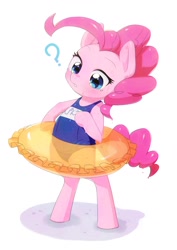 Size: 1280x1810 | Tagged: safe, artist:aruurara, pinkie pie, earth pony, pony, ask school swimsuit pinkie pie, g4, ballet, bipedal, clothes, cute, diapinkes, female, floaty, inner tube, one-piece swimsuit, school swimsuit, simple background, solo, sukumizu, swimsuit
