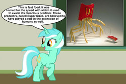 Size: 887x588 | Tagged: safe, lyra heartstrings, pony, unicorn, g4, chalkboard, dialogue, french fries, human studies101 with lyra, ketchup, mcdonald's, open mouth, raised hoof, smiling, wat