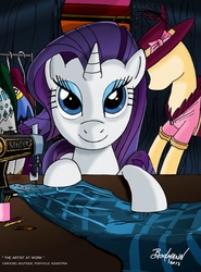 Size: 2444x3299 | Tagged: safe, artist:berlioz-ii, rarity, pony, g4, hat, sewing machine, solo