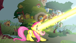Size: 1191x670 | Tagged: dead source, safe, artist:hexagonpie, artist:saturtron, artist:silverpelt24, artist:vladimirwiktor, fluttershy, rainbow dash, pegasus, pony, g4, eye beams, hyper beam, lasershy, optic blast, solo, the stare, this will end in tears and/or death