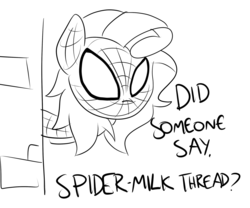 Size: 2400x2000 | Tagged: safe, artist:killryde, oc, oc:milky way, pony, crossover, female, male, mare, monochrome, spider-man, spider-milk