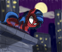 Size: 2400x2000 | Tagged: safe, artist:killryde, oc, oc only, oc:milky way, pony, big crotchboobs, building, crossover, crotchboobs, female, huge crotchboobs, impossibly large crotchboobs, male, mare, moon, solo, spider mare, spider-man, spider-milk