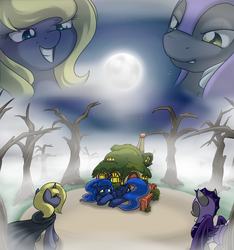 Size: 3000x3200 | Tagged: safe, artist:theparagon, princess luna, oc, oc:moonshroud, bat pony, pony, hunted luna, g4, colored pupils, followers, forest, night guard, thanks