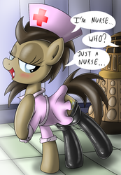 Size: 900x1300 | Tagged: safe, artist:ziemniax, doctor whooves, time turner, series:ziemniax's nurse ponies, g4, clothes, dalek, nurse, nurse whooves, rule 63, solo, stockings, the doctoress