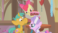 Size: 1280x720 | Tagged: safe, screencap, apple bloom, diamond tiara, snails, call of the cutie, g4, my little pony: friendship is magic, cake, puffy cheeks