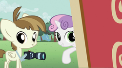 Size: 994x559 | Tagged: safe, screencap, featherweight, sweetie belle, g4, ponyville confidential, camera, smiling