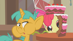 Size: 1280x720 | Tagged: safe, screencap, apple bloom, snails, g4, cake, puffy cheeks