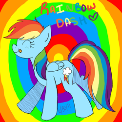 Size: 900x900 | Tagged: safe, artist:applejackderp, rainbow dash, pegasus, pony, g4, closed, commission, female, folded wings, mare, rainbow background, smiling, solo, text, tongue out, wings