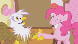 Size: 1280x720 | Tagged: safe, screencap, gilda, pinkie pie, earth pony, griffon, pony, g4, griffon the brush off, derp, electrocution, faic, smiling