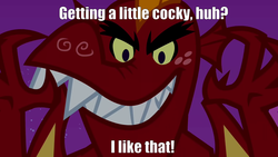 Size: 1280x720 | Tagged: safe, garble, dragon, dragon quest, g4, creepy, evil smile, impact font, rapeface, text