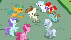 Size: 1280x720 | Tagged: safe, screencap, cotton cloudy, featherweight, liza doolots, petunia, ruby pinch, silver spoon, snails, snips, tootsie flute, twist, g4, ponyville confidential, colt, filly, foal