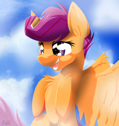 Size: 3765x4000 | Tagged: safe, artist:ralek, scootaloo, pegasus, pony, g4, chest fluff, cloud, female, filly, flying, happy, open mouth, scootaloo can fly, sky, solo, spread wings, starry eyes, wingding eyes, wings