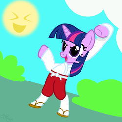 Size: 900x900 | Tagged: safe, artist:navitaserussirus, twilight sparkle, g4, :d, ><, bipedal, clothes, day, eyes closed, eyes open, open mouth, open smile, smiling, sun, sunlight