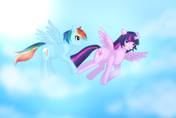 Size: 1080x720 | Tagged: safe, artist:madokami-tier, rainbow dash, twilight sparkle, alicorn, pony, g4, flying, twilight sparkle (alicorn)