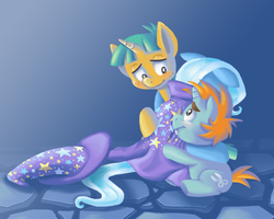 Size: 734x587 | Tagged: safe, artist:peppersupreme, snails, snips, trixie, pony, unicorn, g4, comforting, crying, sad, the sad and depressive trixie, trio