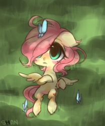 Size: 566x678 | Tagged: safe, artist:littlepinkamena, fluttershy, butterfly, pony, g4, female, filly, solo