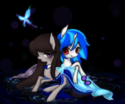 Size: 1200x1000 | Tagged: safe, artist:littlepinkamena, dj pon-3, octavia melody, vinyl scratch, butterfly, g4, clothes, dress, female, lesbian, ship:scratchtavia, shipping, smiling