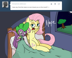 Size: 753x610 | Tagged: safe, artist:spikeandfriends, fluttershy, spike, dragon, pegasus, pony, g4, ask, bags under eyes, bed, female, funny, implied foalcon, male, mare, messy mane, night, ruined for marriage, scared, ship:flutterspike, shipping, straight, tumblr, worried