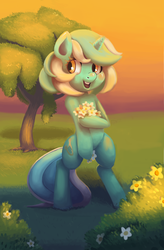 Size: 1242x1899 | Tagged: safe, artist:verrmont, lyra heartstrings, pony, unicorn, g4, bipedal, female, flower, pixiv, smiling, solo