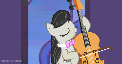 Size: 500x263 | Tagged: safe, screencap, octavia melody, pinkie pie, g4, the best night ever, animated, cello, clothes, dress, female, gala, gala dress, interrupted, musical instrument, playing, raised eyebrow, violin, watermark, whispering