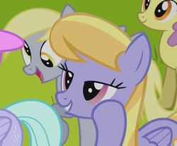 Size: 777x644 | Tagged: safe, screencap, cloud kicker, derpy hooves, flitter, parasol, pegasus, pony, g4, hurricane fluttershy, background pony, cropped, female, lidded eyes, mare