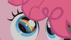 Size: 1280x720 | Tagged: safe, screencap, pinkie pie, earth pony, pony, g4, season 1, the cutie mark chronicles, animated, dilated pupils, eye reflection, eyes on the prize, female, filly, filly pinkie pie, gif, happy, looking up, open mouth, rainbow, rainbow eyes, reflection, rock farm, smiling, solo, sparkly eyes, wingding eyes, younger