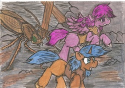 Size: 1280x897 | Tagged: safe, artist:zubias, oc, oc only, oc:evening breeze, oc:tripwire, pegasus, pony, unicorn, fallout equestria, female, mare, scared, younger