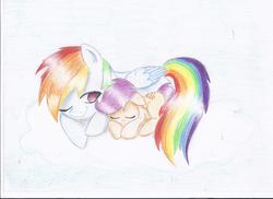 Size: 2338x1700 | Tagged: dead source, safe, artist:rynalin, rainbow dash, scootaloo, pegasus, pony, g4, cloud, cuddling, cute, eyes closed, female, filly, foal, mare, on a cloud, one eye closed, scootalove, sky, sleeping, traditional art