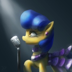 Size: 1565x1565 | Tagged: safe, artist:grissaecrim, sapphire shores, earth pony, pony, g4, cabaret, clothes, dress, ear piercing, earring, female, humble beginnings, jewelry, microphone, origin, origin story, origins, piercing, singer, solo