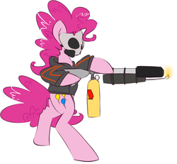 Size: 1280x1184 | Tagged: dead source, safe, artist:kryptchild, pinkie pie, earth pony, pony, g4, bipedal, clothes, female, flamethrower, jacket, killing floor, mask, solo, weapon