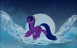 Size: 867x547 | Tagged: safe, artist:saurabhinator, twilight sparkle, alicorn, pony, g4, cloud, female, flying, mare, moon, solo, twilight sparkle (alicorn)