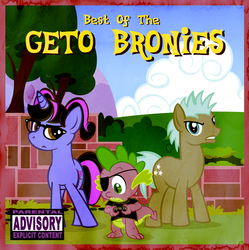 Size: 1000x1004 | Tagged: safe, artist:pixelkitties, spike, twilight sky, oc, oc:pixelkitties, earth pony, pony, unicorn, g4, album cover, background pony, eyepatch, female, geto boys, glasses, male, mare, parental advisory, parody, ponysona, stallion