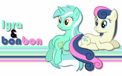 Size: 1440x900 | Tagged: safe, artist:eklipse13, artist:sierraex, bon bon, lyra heartstrings, sweetie drops, earth pony, pony, unicorn, g4, duo, sitting, sitting lyra, wallpaper