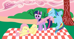 Size: 2160x1152 | Tagged: safe, artist:aprilj0313, fluttershy, rainbow dash, twilight sparkle, g4, picnic, tail pull, vector