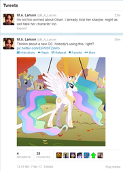 Size: 520x720 | Tagged: safe, candy mane, ponet, princess celestia, g4, goldlight sparkle, m.a. larson, nicole oliver, text, twitter