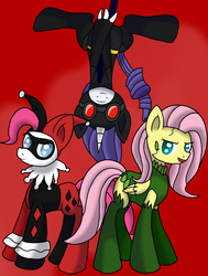 Size: 1280x1697 | Tagged: safe, artist:novaspark, fluttershy, pinkie pie, rarity, earth pony, pegasus, pony, unicorn, g4, batman, catmare, catwoman, cosplay, costume, crossover, dc comics, harley quinn, parody, pinkie quinn, poison ivy, poison ivyshy