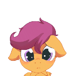 Size: 364x370 | Tagged: safe, artist:ianpo, artist:risu-nya, scootaloo, pegasus, pony, g4, animated, bust, cute, cutealoo, female, filly, floppy ears, foal, gif, looking at you, sad, scootasad, simple background, solo, spread wings, white background, wings
