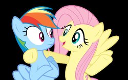 Size: 1131x707 | Tagged: safe, artist:pikamander2, fluttershy, rainbow dash, pegasus, pony, g4, may the best pet win, black background, hoof around neck, simple background