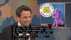 Size: 1920x1080 | Tagged: safe, brushable, build-a-bear, irl, saturday night live, seth meyers, snl, television, text, toy, weekend update