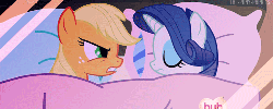 Size: 500x200 | Tagged: safe, screencap, applejack, rarity, g4, look before you sleep, animated, bed, duo, ei, female, golden oaks library, hooves, hub logo